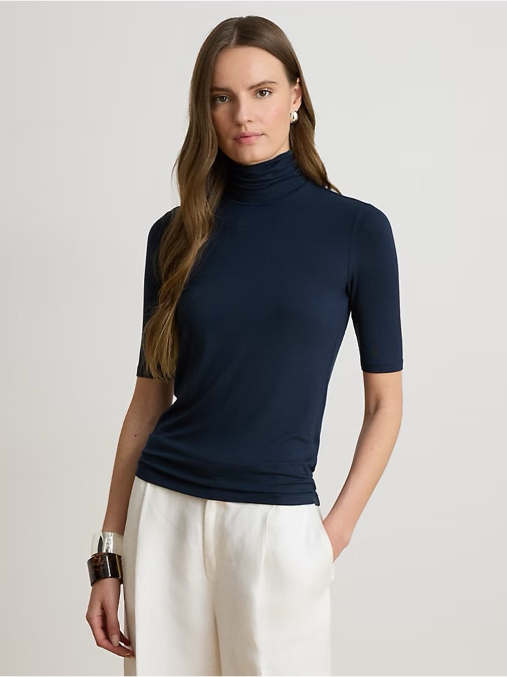 Lauren Ralph Lauren Navy Short-Sleeve Turtleneck Stretch Jersey Long top